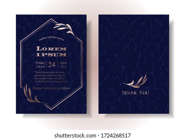 Dark blue wedding invitation card design There are marble patterns on the back. The front is hexagon shape, decorated with border and rose gold leaf. Luxury, elegant concept. Illustration/Vector