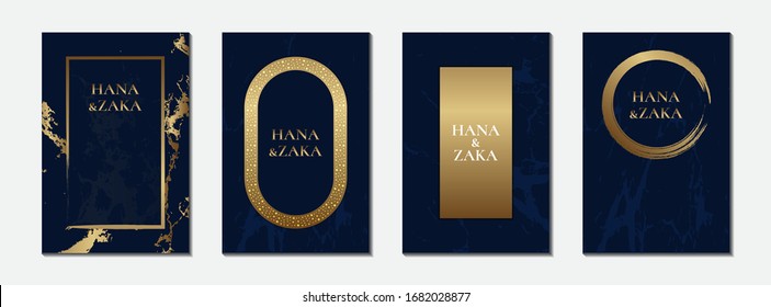 Dark Blue Wedding Invitation Cards Marble Texture And Gold Frame