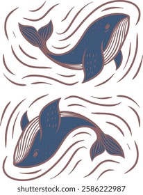 Dark Blue Whale Illustration with Stylized Ocean Currents