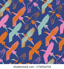 Dark blue whimsical birds seamless pattern background design.