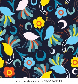 Dark blue with whimsical peacock and flowery and colourful moons seamless pattern background design.