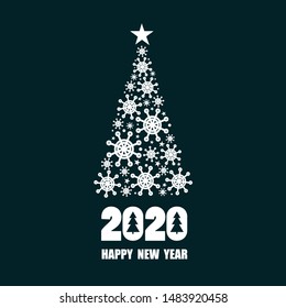 Dark blue and white background with 2020, christmas fir tree, english text. Decorative backdrop vector. Hand drawn poster design. Happy New Year, colorful greeting card. Winter time