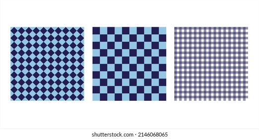 Dunkelblau-weiß kariert, diamant und chess geometrisches Hintergrundmuster. Vorlage und Platz für Grafikdesign. Schachte Textur. Traditionell.  Nahtloses Muster. Vektorgrafik.