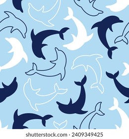 Dark blue and white dolphins on blue background. Vector seamless pattern. Marine underwater life. Best for textile, wallpapers, wrapping paper, package and home decoration.