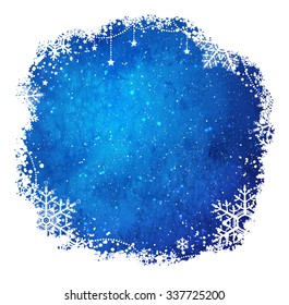 Dark Blue And White Grunge Watercolor Christmas Frame With Snowflakes And Falling Snow.