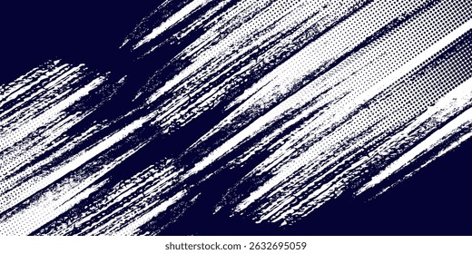 Medio tono azul oscuro y blanco sobre fondo azul. Vector punteado destellos o semitono brillo patrón textura Pop estilo de arte de fondo. Ilustración vectorial