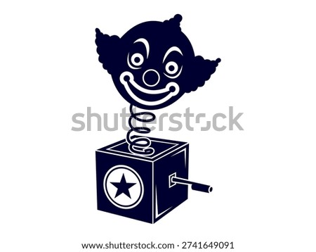 A dark blue and white illustration of a jack in the box with a smiling clown face, featuring a spring connecting the head to the box with a star on the side, isolated on white background