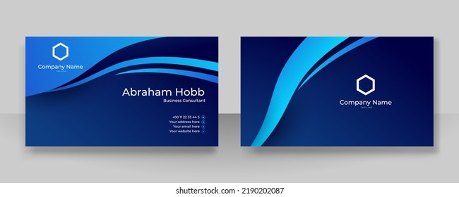 Dark blue and white modern creative business card and name card, horizontal simple clean template vector design, layout in rectangle size.  Wavy curve blue background