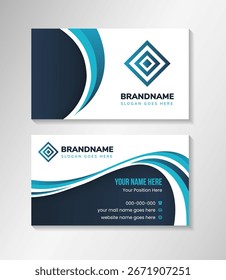 Dark blue and white modern creative business card and name card, horizontal simple clean template vector design, layout in rectangle size.  Wavy curve blue background