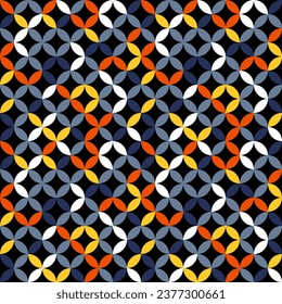 Dark blue, white and orange geometric pattern. Overlapping circles and ovals abstract retro fashion texture. Seamless pattern.