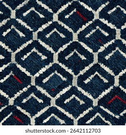 Dark blue and white patterned with red accents, symmetrical geometric. grunge lines ikat pattern, ikat seamless pattern, Vector illustration background for print the paper.