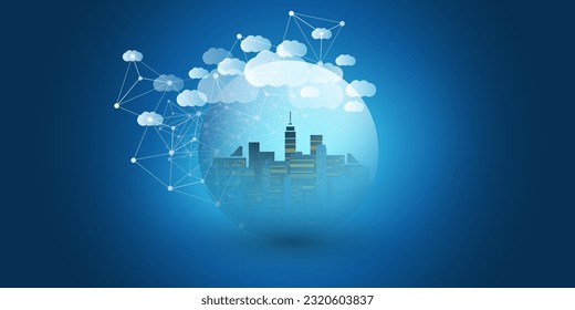 Ciudad inteligente azul oscuro y blanca, concepto de diseño de computación en nube con paisaje de globo y ciudad transparente, edificios altos, rascacielos internos - Conexiones de red poligonal digital, fondo tecnológico
