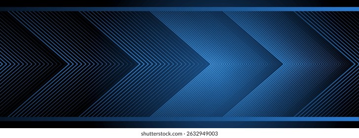 Dark blue wide abstract background with glowing arrows. Futuristic technology geometric concept banner design. Vector illustration
