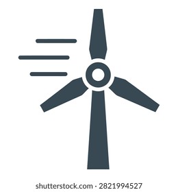 Dark blue wind turbine symbol with motion lines indicating wind speed. Minimalist design suitable for renewable energy, green power, and clean technology concepts.