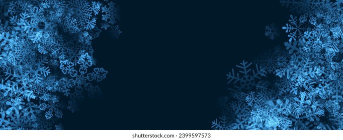 Fondo de invierno azul oscuro con copos de nieve transparentes. Cartel de Navidad y feliz año nuevo. Ilustración vectorial.