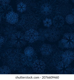 dark blue winter background with snowflakes. vector seamless pattern. fabric swatch. wrapping paper. continuous print. design element for greeting card, banner, invitation, textile, postcard, flyer