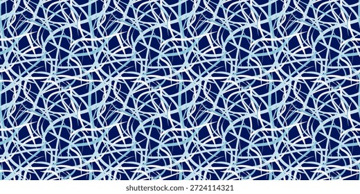 Fondo de invierno azul oscuro con líneas curvas desordenadas blancas y azul claro sin patrón de paja congelada o paja de heno