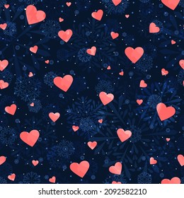 dark blue winter repetitive background with snowflakes and hearts. vector seamless pattern. fabric swatch. wrapping paper. continuous print. valentines illustration. design template for greeting card