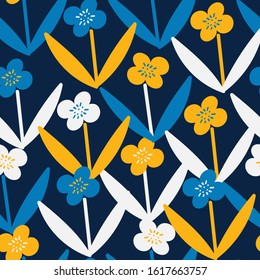 Dark Blue with with,yellow and classic blue florals seamless pattern background design.