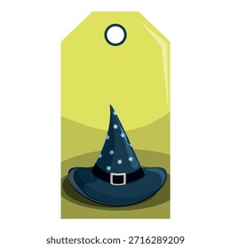 Sombrero azul oscuro del mago con las estrellas y la hebilla en la etiqueta amarilla del Precio para el halloween o la promoción al por menor mágica