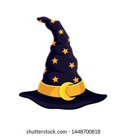 Dark blue wizard hat. Vector illustration on white background.