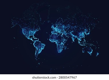 dark blue world map background featuring glowing cyan city lights and a digital data network, ideal for technology, communication, and global connectivity. Vector illustration
