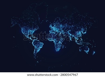 dark blue world map background featuring glowing cyan city lights and a digital data network, ideal for technology, communication, and global connectivity. Vector illustration