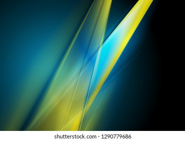 Dark blue and yellow abstract shiny smooth stripes background. Vector design