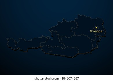 Mapa de Austria azul oscuro y amarillo con las regiones delineadas y la capital Viena resaltada vector