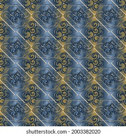 dark blue and yellow background is a seamless pattern. The curls are ornate