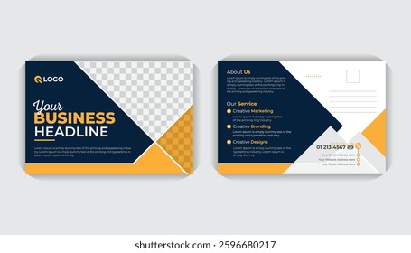 Dark blue and yellow color Creative corporate business modern postcard design template. Elegant postcard design, marketing, business postcard design. Postcard design template
