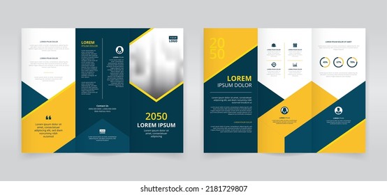 Plantilla de tríplio de color azul oscuro y amarillo, diseño de folletos triples, folleto, folleto