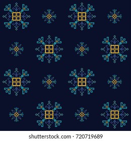 Dark blue and yellow ethnic design with traditional tribal motifs of crooked lines, triangles, squares, circles. Mayan symbol ethnic geometric pattern decor. Embroidery style winter clothes ornament.