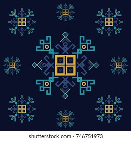 Dark blue and yellow ethnic design with traditional tribal motifs of crooked lines, triangles, squares, circles. Mayan symbol ethnic geometric pattern decor. Embroidery style winter clothes ornament.