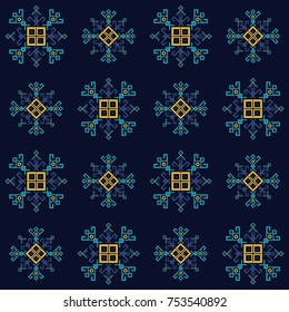 Dark blue and yellow ethnic design with traditional tribal motifs of crooked lines, triangles, squares, circles. Mayan symbol ethnic geometric pattern decor. Embroidery style winter clothes ornament.