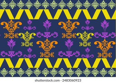 Dark blue and yellow geometric and damask patterns that are traditional and ethnic. Designs for clothing, curtains, carpets, sarongs, Hmong, and fabric edges.

