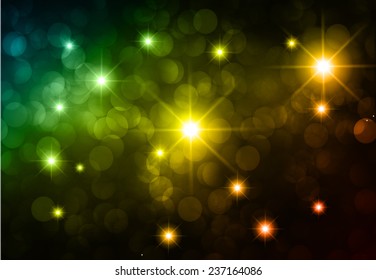 Dark blue yellow orange Defocused Light, Flickering Lights, Vector abstract festive background with bokeh defocused lights. universe, galaxies, stars. 