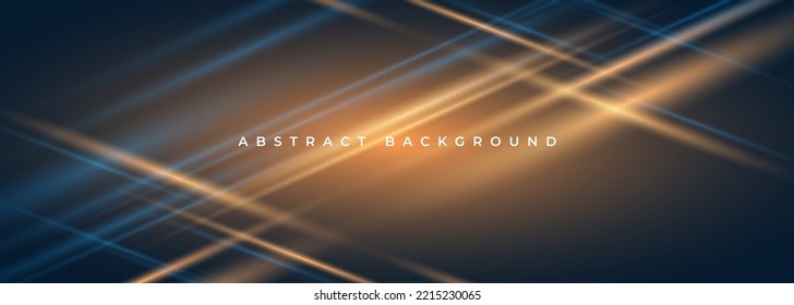 Dark blue and yellow tech wide abstract background with glowing rays light effect. Vector illustration