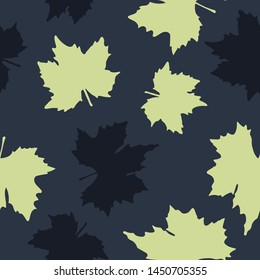 Dark blue and yellow tree leaves seamless pattern