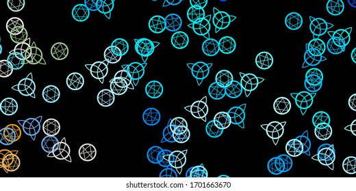 Dark Blue, Yellow vector backdrop with mystery symbols. Colorful vintage illustration with gradient alchemy shapes. Best design halloween events.