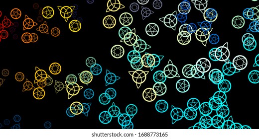 Dark Blue, Yellow vector background with occult symbols. Colorful vintage illustration with gradient alchemy shapes. Best design halloween events.