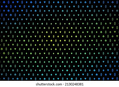 Dark blue, yellow vector background with cards signs. Colorful gradient with signs of hearts, spades, clubs, diamonds. Pattern for booklets, leaflets of gambling houses.