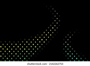 Dunkelblau, gelber Vektorhintergrund mit Kartenzeichen. Abstrakte Glitter-Skizze mit einzelnen Symbolen der Spielkarten. Muster für Broschüren, Broschüren von Spielhäusern.