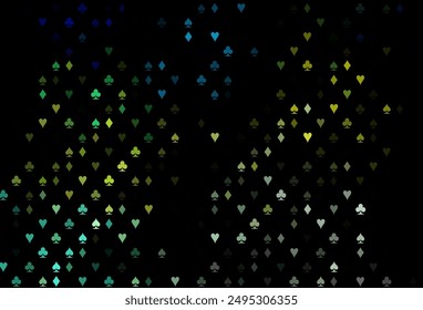 Dark Blue, Yellow vector background with cards signs. Shining illustration with hearts, spades, clubs, diamonds. Template for business cards of casinos.