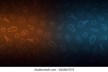 Dark Blue, Yellow vector cover with set of confections. Blurred decorative design of desserts in doodle style. Pattern for ads of breakfast, lunch, dinner.