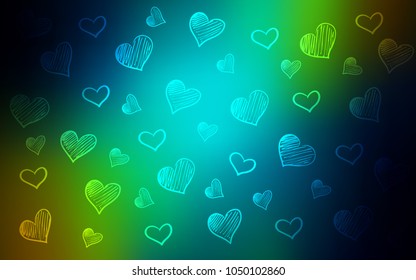 Dark Blue, Yellow vector cover with Shining hearts. Hearts on blurred abstract background with colorful gradient. Design for ad, poster, banner of Valentine Day.