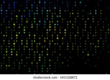 Dark Blue, Yellow vector cover with symbols of gamble. Blurred decorative design of hearts, spades, clubs, diamonds. Pattern for booklets, leaflets of gambling houses.