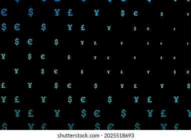 Azul oscuro, cubierta vectorial amarilla con EUR, USD, GBP, JPY. Diseño desenfocado con símbolos de dólar, USD, ee.uu. El patrón se puede usar para sitios web de inversión financiera.