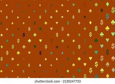 Dark blue, yellow vector cover with symbols of gamble. Illustration with set of hearts, spades, clubs, diamonds. Pattern for booklets, leaflets of gambling houses.