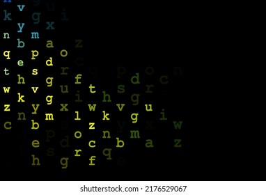 Tapa vectorial amarilla azul oscuro con símbolos ingleses. Brillante ilustración colorida con letras aisladas. El patrón puede utilizarse para anuncios, folletos, folletos de educación.